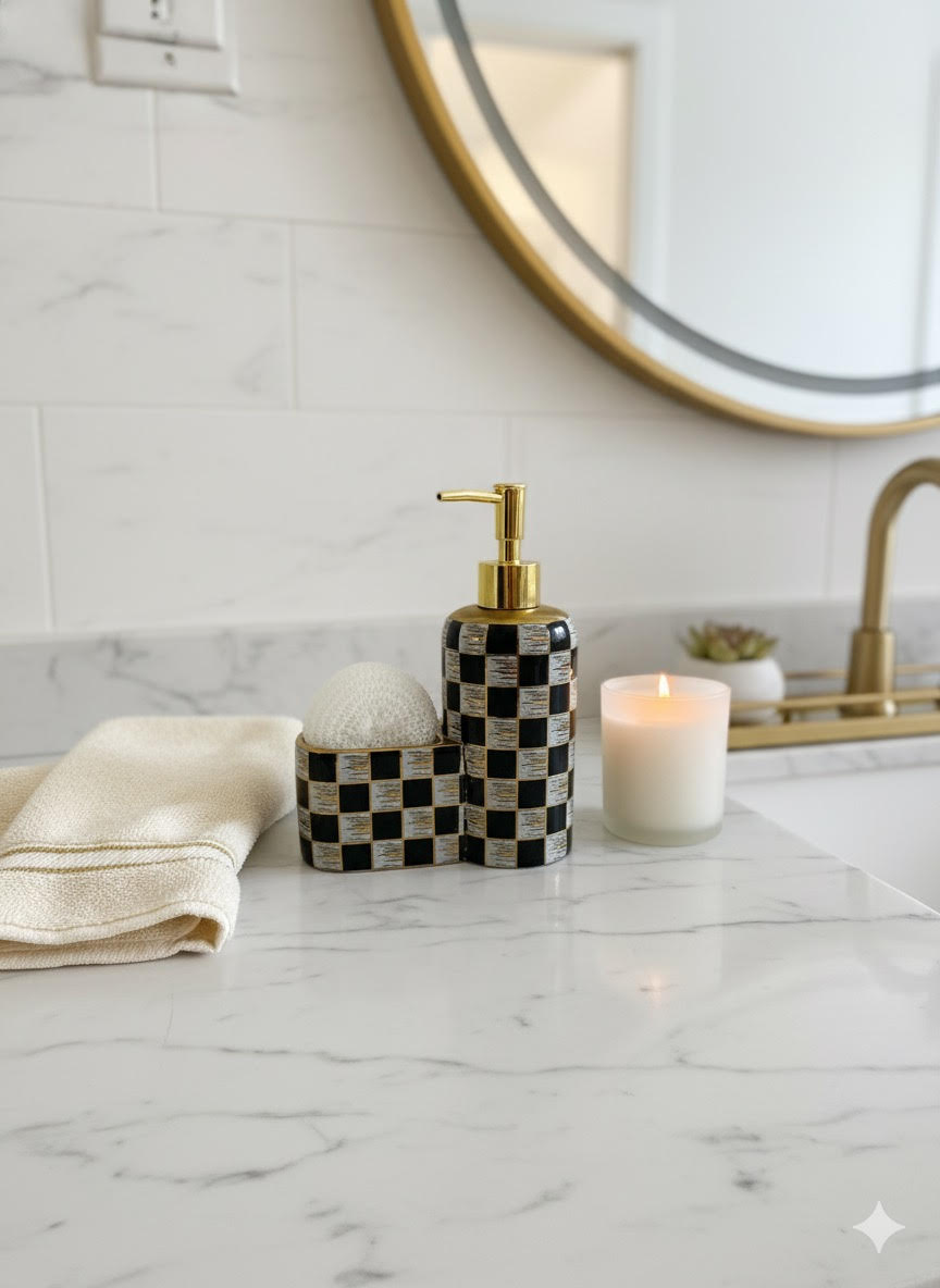 Şık Dama Desenli Sıvı Sabunluk Seti