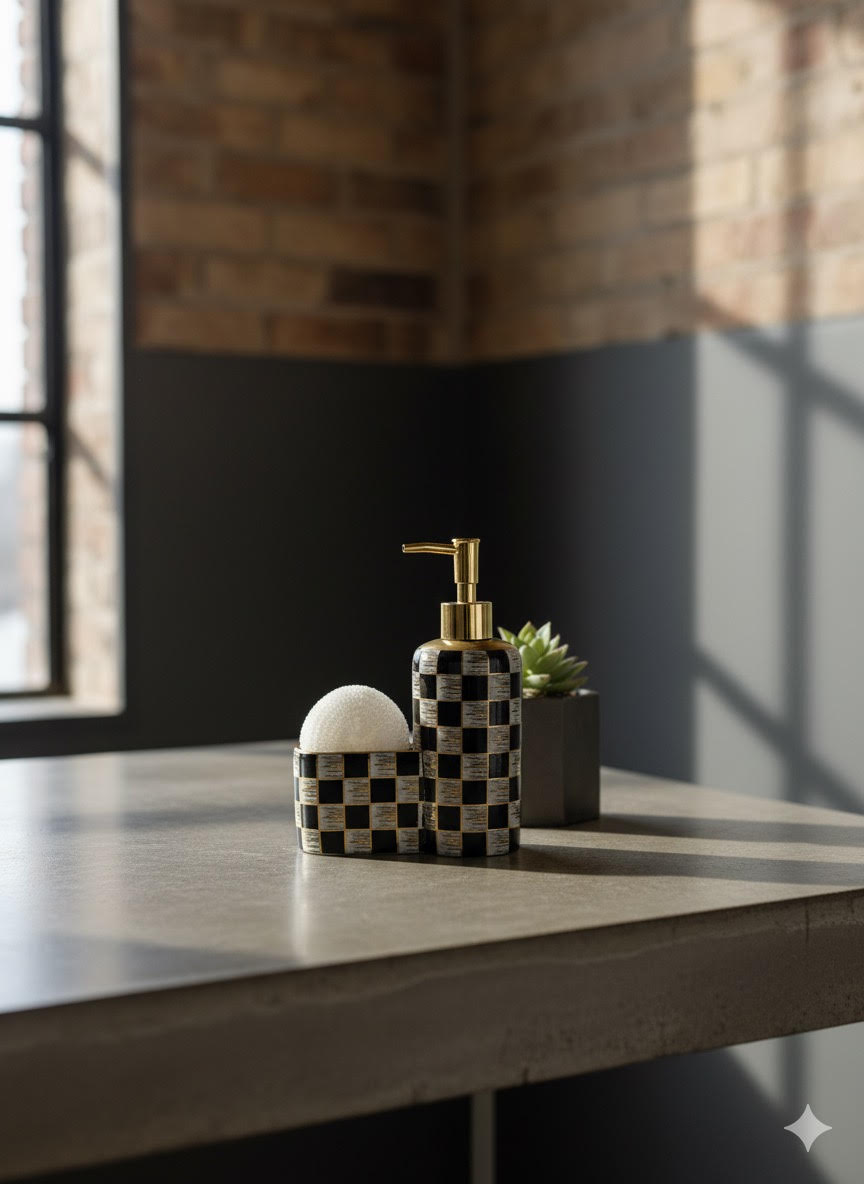 Şık Dama Desenli Sıvı Sabunluk Seti