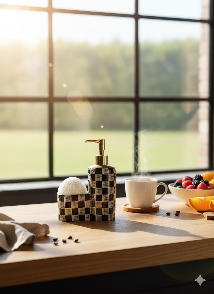 Şık Dama Desenli Sıvı Sabunluk Seti